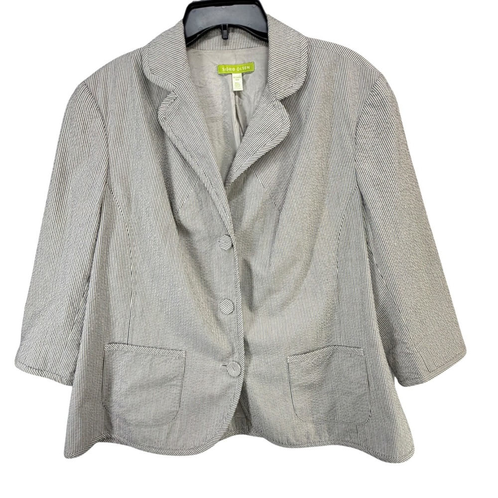 Sigrid Olsen Seersucker Blazer Jacket 16W Cream Gray Stripe Coastal Quiet Luxury